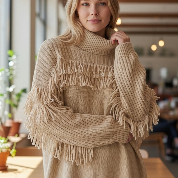 a.n.a Sweaters - A.N.A. Beige Fringed Western Cowgirl Turtleneck Sweater Sz 1X